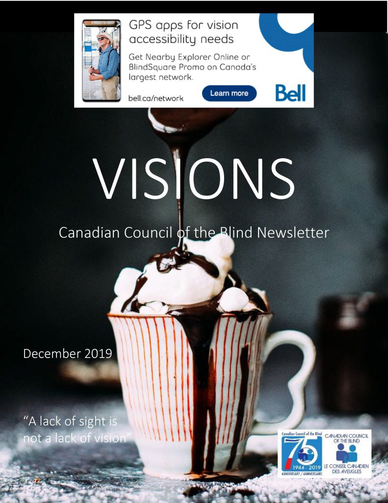 Cover of VISIONS CCB Newsletter for December 2019.  It shows a cup of cocoa with marshmallows and whipped cream having chocolate sauce poured on it.
