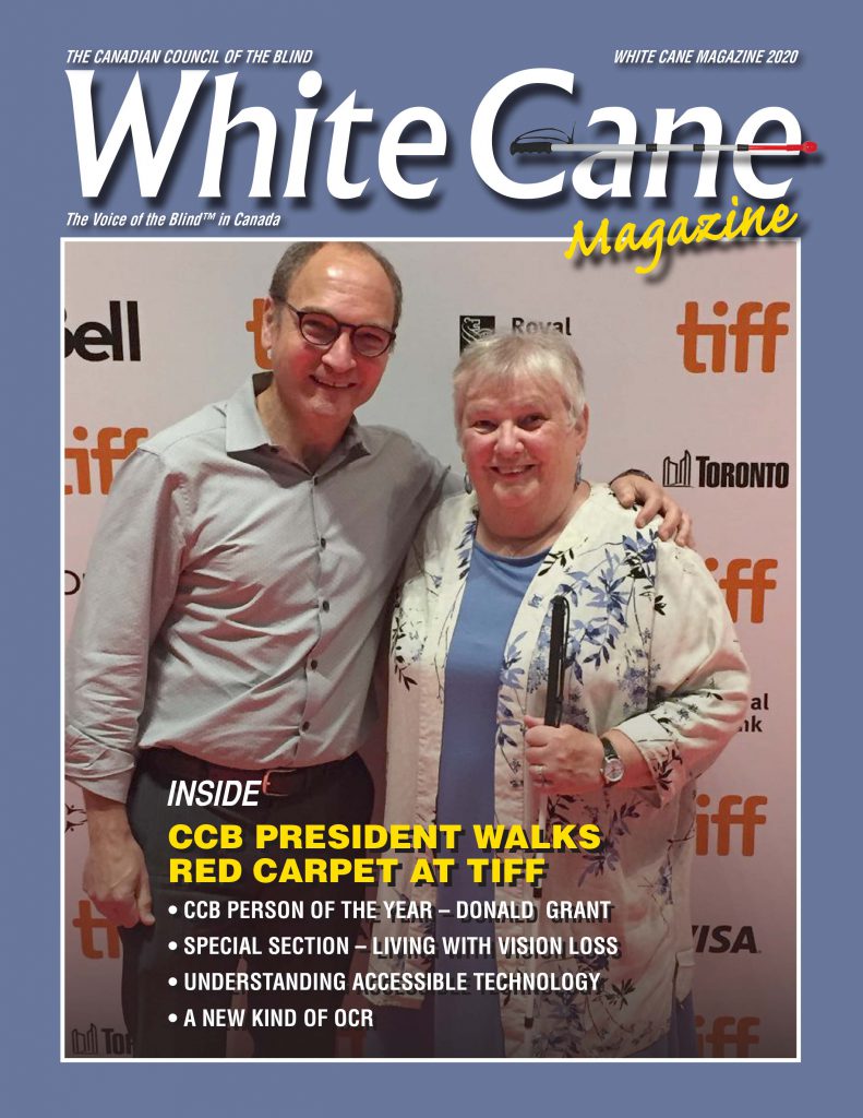 The White Cane Magazine Cover.  Image featuring Louise Gillis on the red carpet at the Toronto International Film Festival.