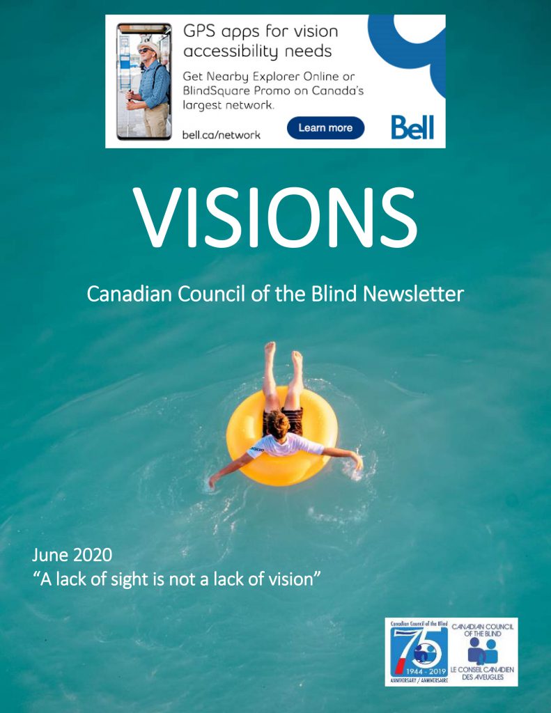 VISIONS Newsletter cover featuring a person in a yellow inflated ring floating on a light blue ocean.