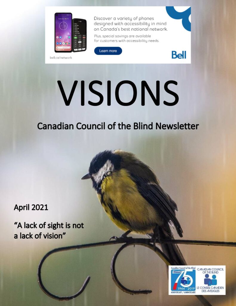 Cover of VISIONS for April featuring a small bird hiding from the rain.